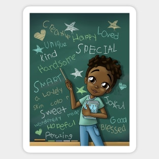 African American Boy Dark Brown and Positive Words Sticker